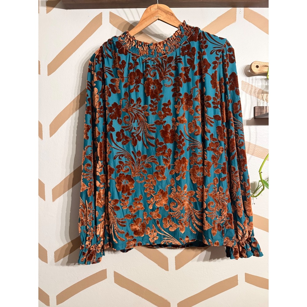 Hayden Los Angeles Blouse Womens Large Teal Rust Crushed Velvet Floral Burnout